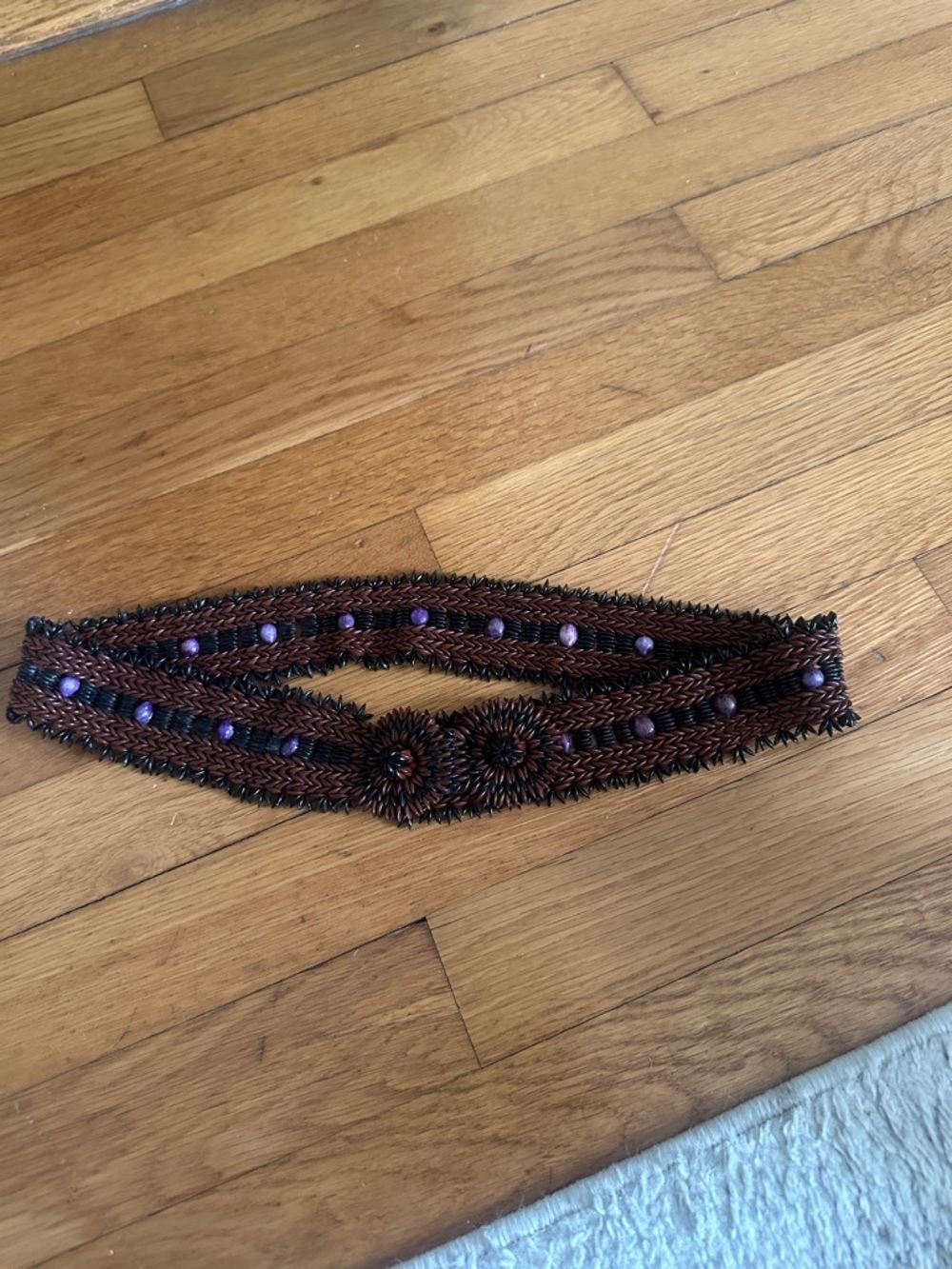Handcrafted Beaded Brown Waist Belt with Purple Accents